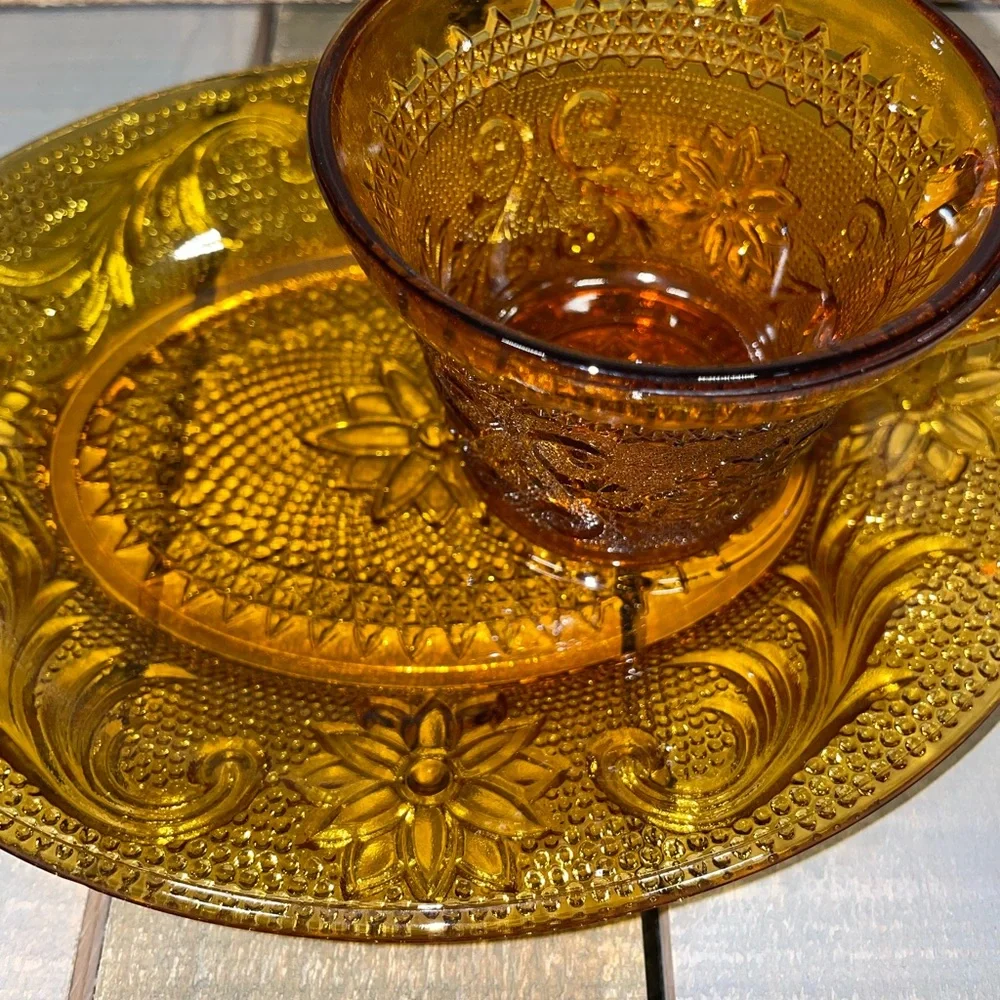 Vintage Tiara Indiana Glass‎ Amber Snack Amber Glass Set Plate & Cup